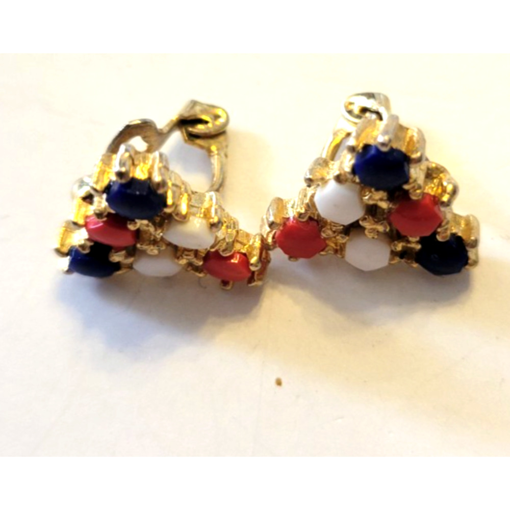 Vtg Estate Red White Clip-On Earrings Gold Tone Milk Glass Rhinestone Patriotic